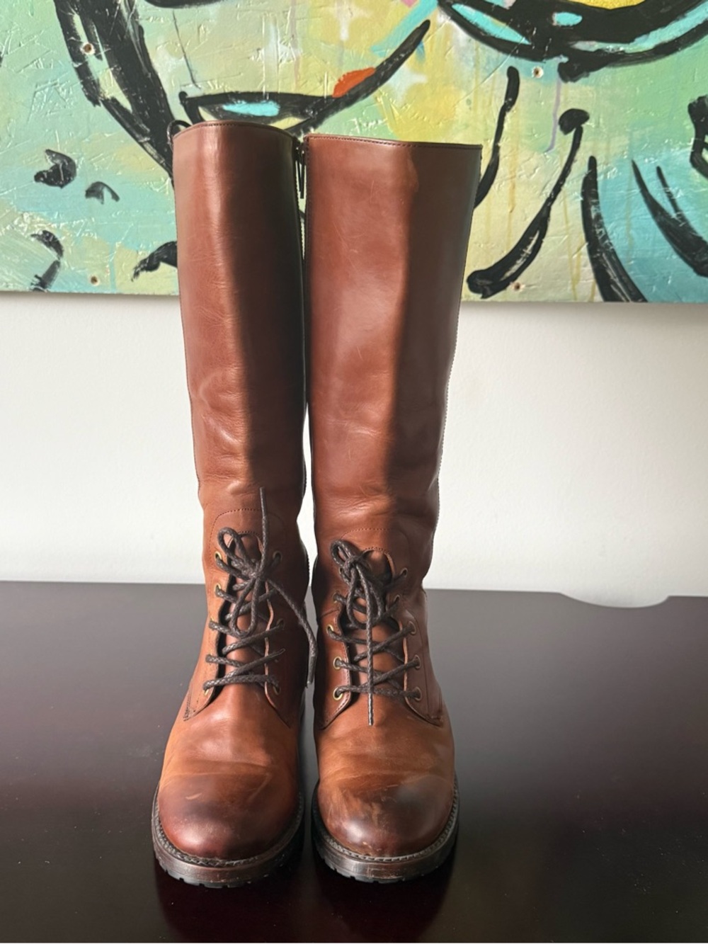 Frye - Women’s Tall Lace Up Leather Natalie Boot Combat Riding Boot - Brown US 7 - Picture 7 of 14